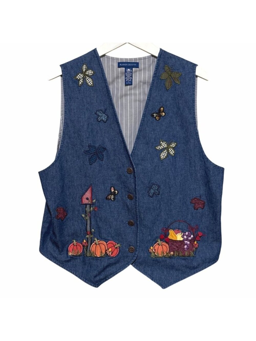 Karen Scott Autumn Fall Vest Blue Harvest Pumpkins Flowers Size Large